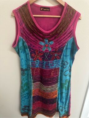 Pink and Turquoise Floral Embroidered Sleeveless Dress, 100% Cotton, XL